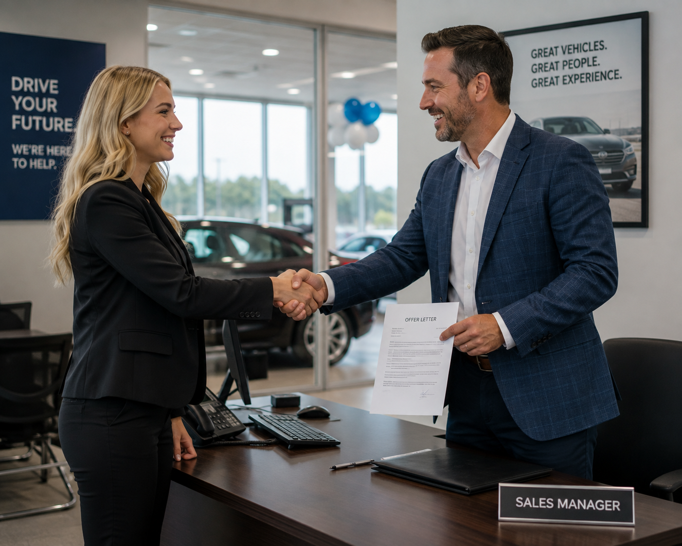 Dealership manager welcoming a new sales team member