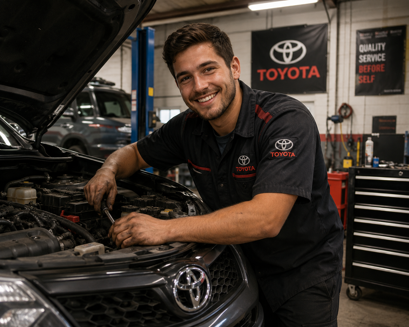 Automotive technician working under a vehicle hood in a dealership service bay